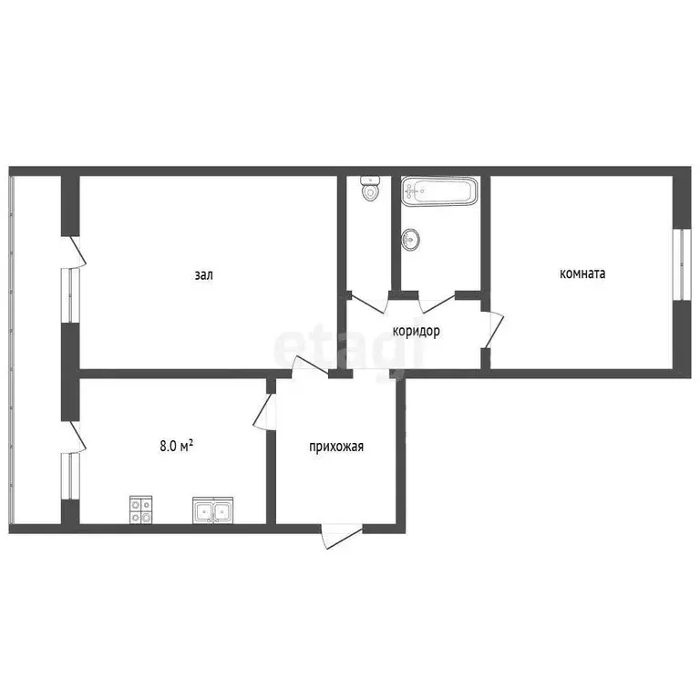 Квартира, 2 комнаты, 52.5 м - Фото 1