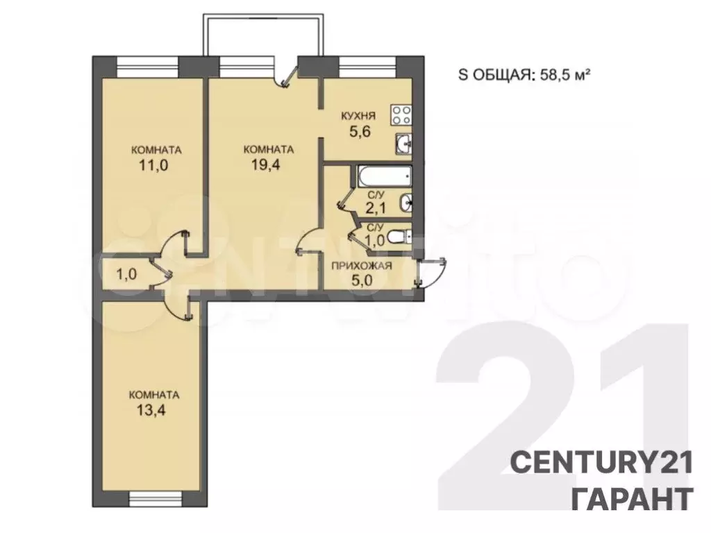 3-к. квартира, 58,5 м, 5/5 эт. - Фото 0