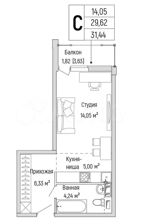 Квартира-студия, 31,4 м, 7/9 эт. - Фото 1