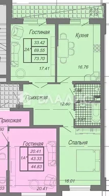 2-к. квартира, 69,8 м, 3/20 эт. - Фото 0