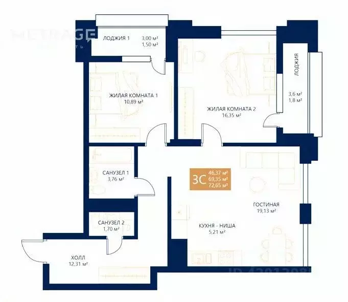 3-к кв. Новосибирская область, Новосибирск ул. Аэропорт, 1/5 (69.1 м) - Фото 1
