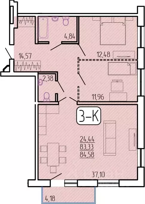 3-к кв. Бурятия, Улан-Удэ 129-й мкр,  (84.58 м) - Фото 1