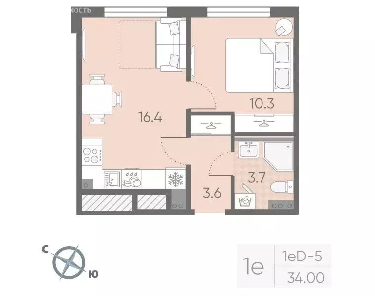 1-комнатная квартира: посёлок Шушары, ЖК Пулково Lake (34 м) - Фото 1