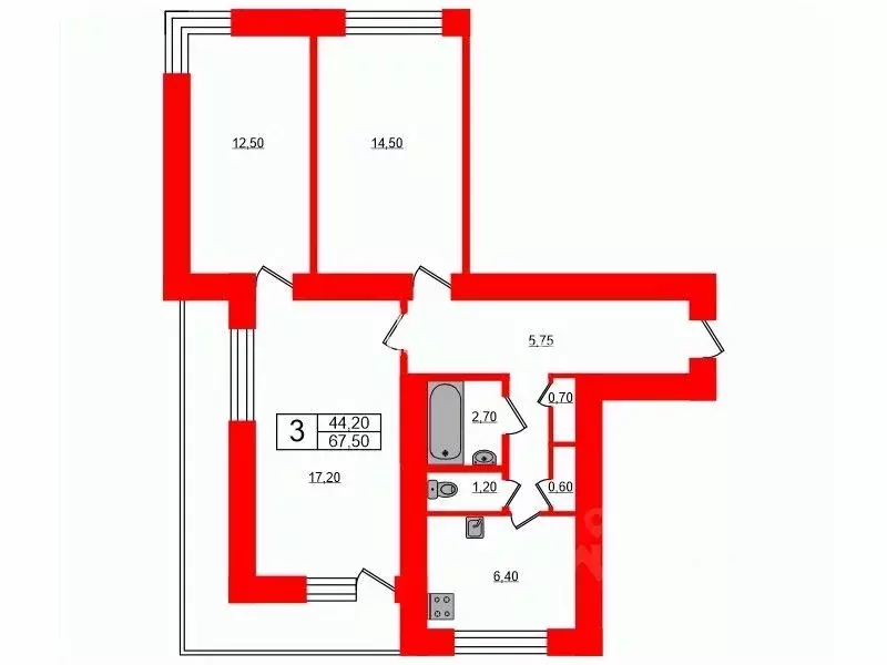 3-к кв. Санкт-Петербург ул. Кораблестроителей, 16К1 (67.5 м) - Фото 1