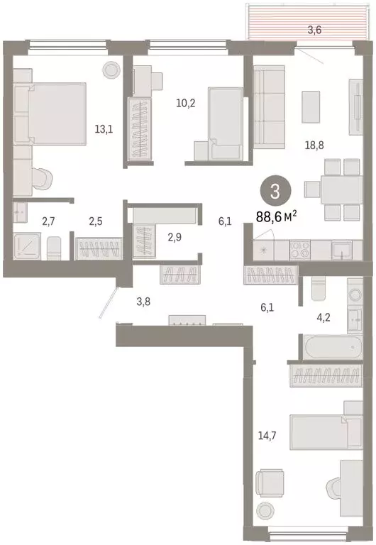 3-комнатная квартира: Омск, Кировский округ (88.6 м) - Фото 2