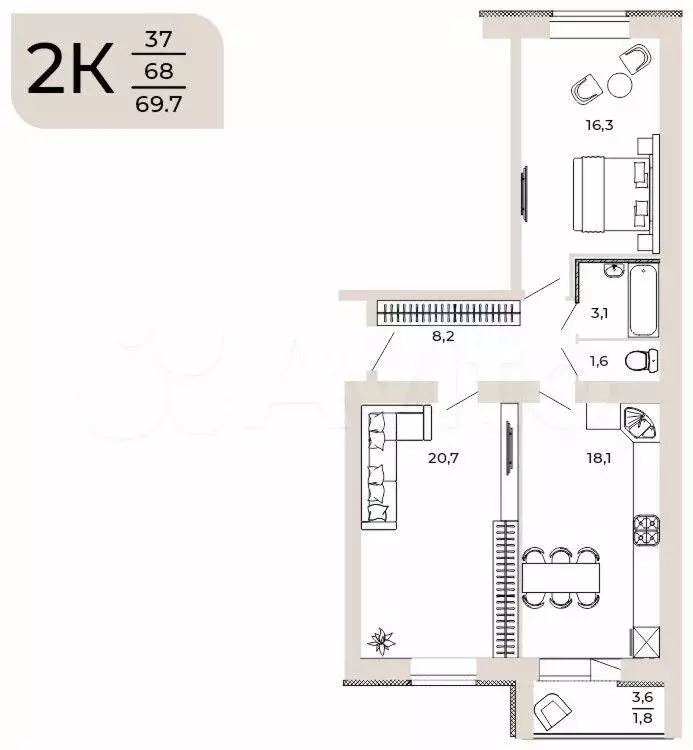 2-к. квартира, 69,7м, 5/10эт. - Фото 0