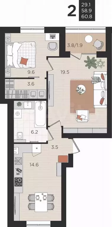 2-к. квартира, 58,9 м, 2/4 эт. - Фото 0