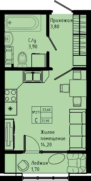 Квартира-студия: Коммунар, Железнодорожная улица, 41к3 (23.6 м) - Фото 1