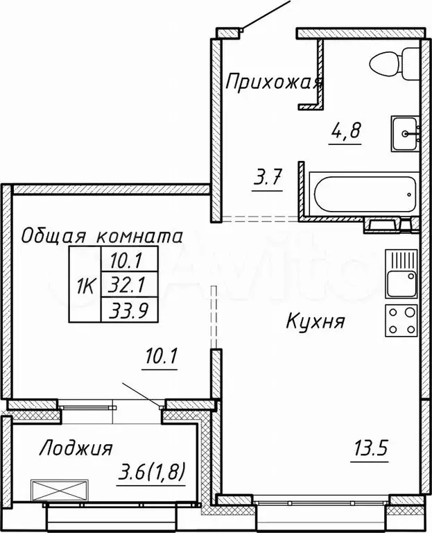 Своб. планировка, 33,9 м, 6/15 эт. - Фото 0