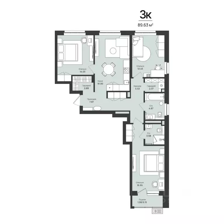 3-к кв. Пермский край, Пермь Уинская ул., 56 (89.63 м) - Фото 1