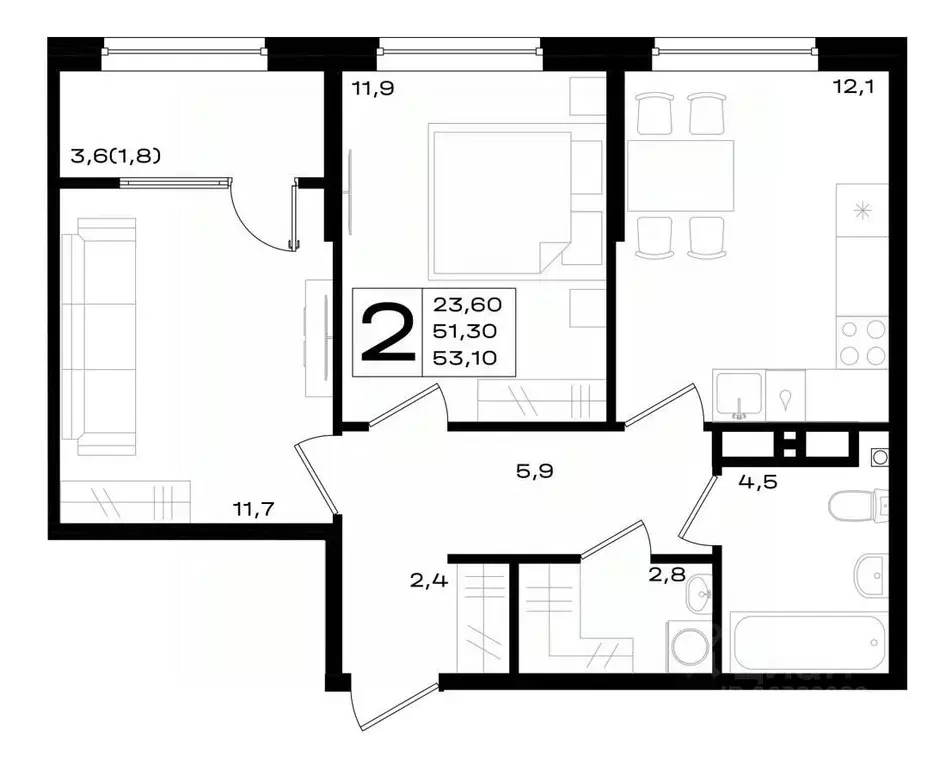 2-к кв. Ростовская область, Аксай просп. Аксайский (53.1 м) - Фото 1