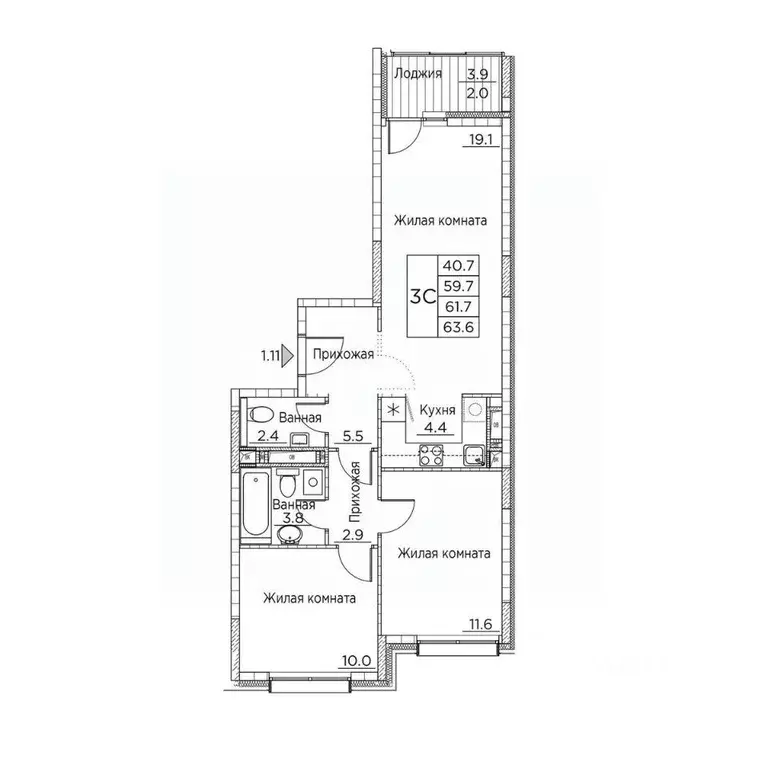 3-к кв. Приморский край, Владивосток ул. Расула Гамзатова, 7к2 (63.6 ... - Фото 2