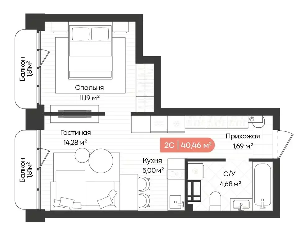 2-комнатная квартира: Новосибирск, Ленинградская улица, 342 (40.46 м) - Фото 1