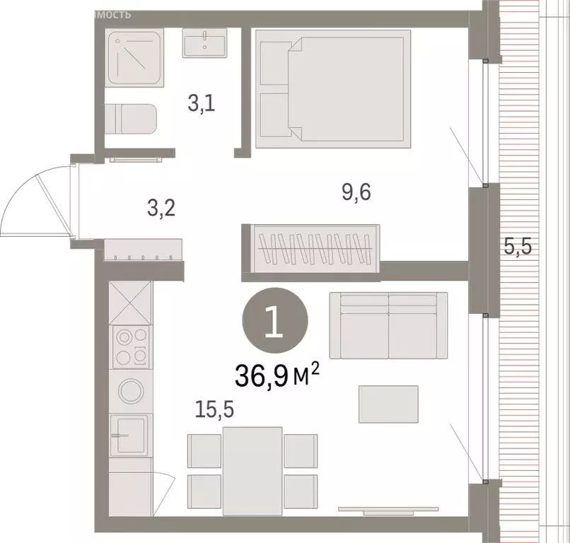1-комнатная квартира: Екатеринбург, микрорайон Академический, 19-й ... - Фото 2