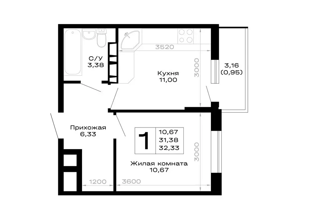 1-комнатная квартира: Республика Адыгея (Адыгея), Майкоп (32.33 м) - Фото 1