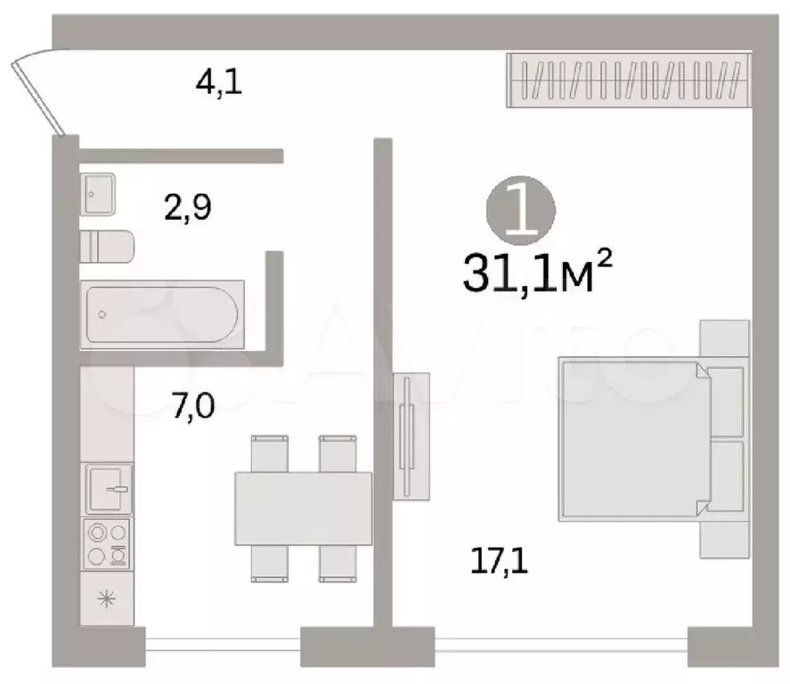 1-к. квартира, 31,1 м, 5/5 эт. - Фото 0