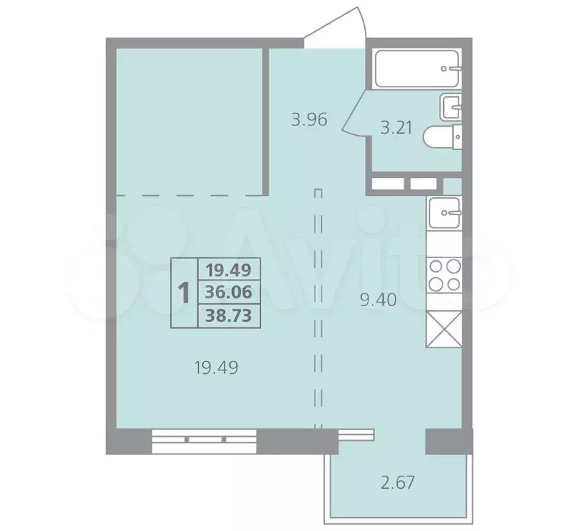 1-к. квартира, 38,7 м, 4/5 эт. - Фото 1