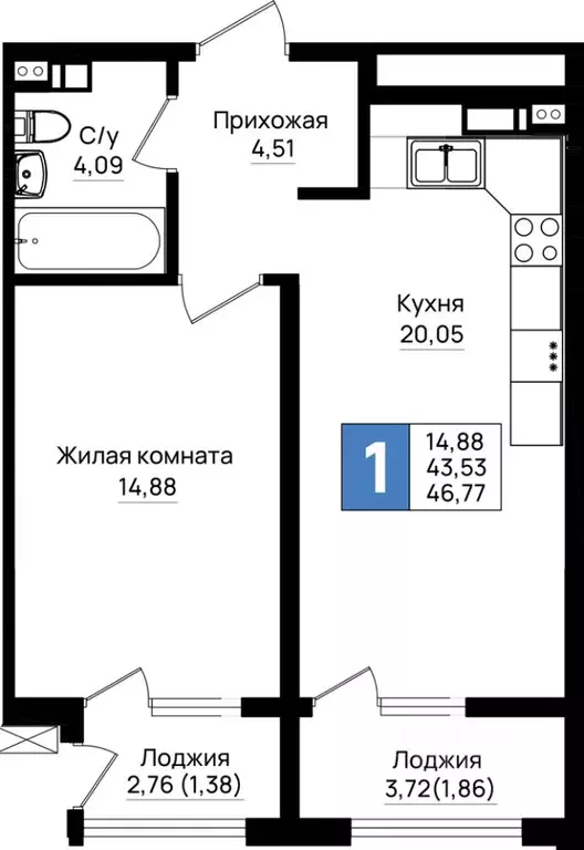 1-к кв. Краснодарский край, Новороссийск Шоссейная ул. (46.77 м) - Фото 1