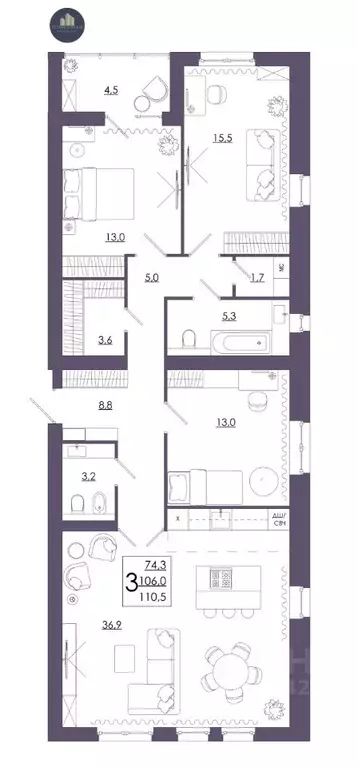 3-к кв. Смоленская область, Смоленск ул. 2-я Киевская, 20Ак1 (110.5 м) - Фото 1