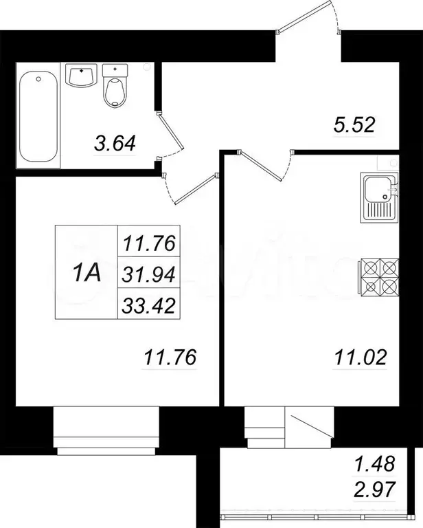 1-к. квартира, 33,4 м, 6/10 эт. - Фото 0