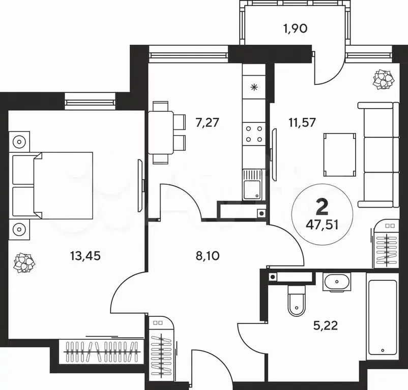 2-к. квартира, 47,4 м, 22/25 эт. - Фото 1