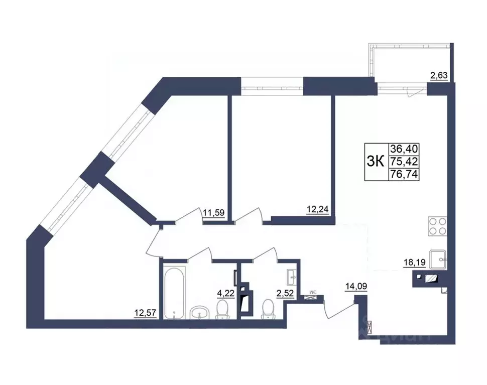 3-к кв. Башкортостан, Уфа Космос жилой комплекс, лит1 (76.43 м) - Фото 1