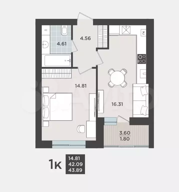1-к. квартира, 42,1 м, 7/9 эт. - Фото 1