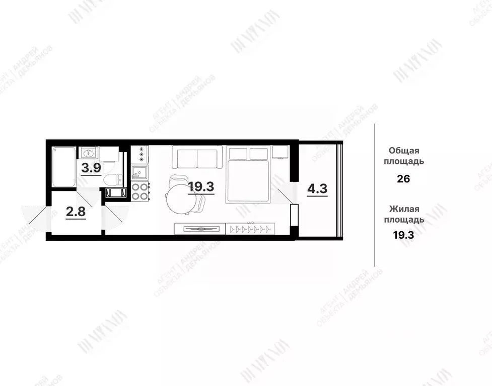 Студия Санкт-Петербург ул. Александра Матросова, 3 (26.0 м) - Фото 2