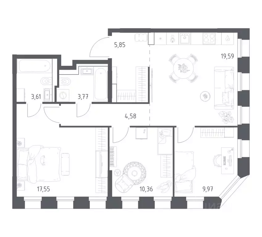 3-к кв. Татарстан, Казань Зилант Премьер жилой комплекс (75.28 м) - Фото 1