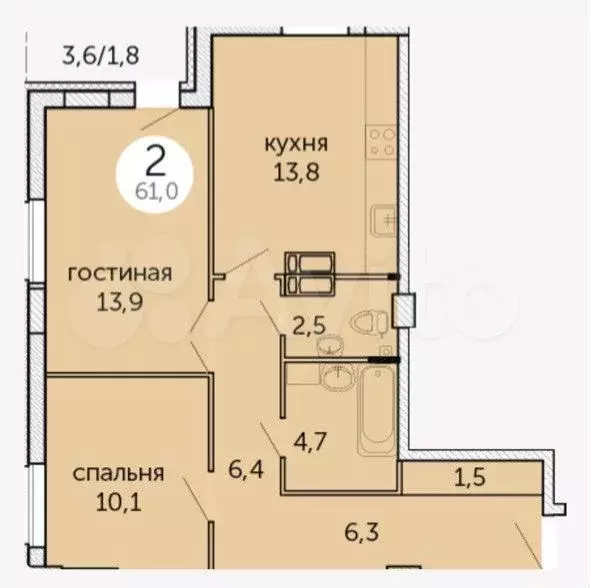 2-к. квартира, 60 м, 6/23 эт. - Фото 0