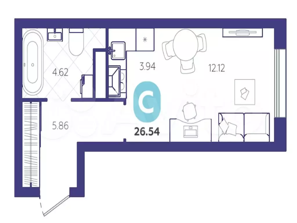 Квартира-студия, 26,5 м, 2/4 эт. - Фото 1