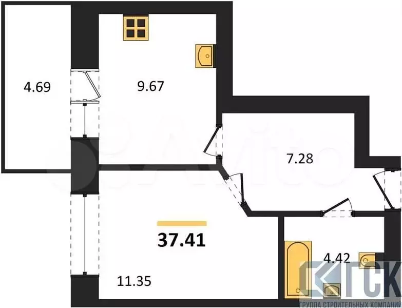 1-к. квартира, 37,4 м, 9/9 эт. - Фото 0