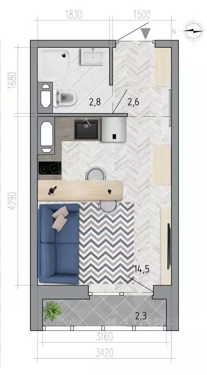 Студия Воронежская область, Воронеж Боровое мкр, Микрорайон Боровое ... - Фото 1