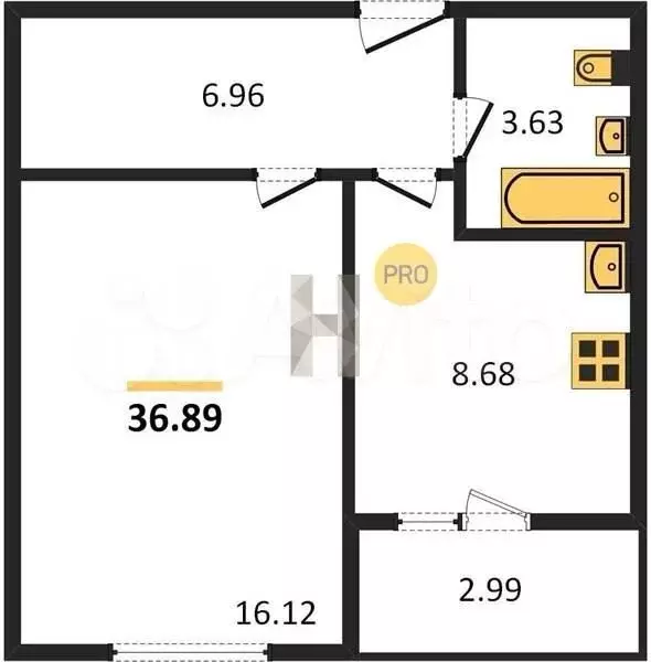 1-к. квартира, 36,9м, 6/9эт. - Фото 1