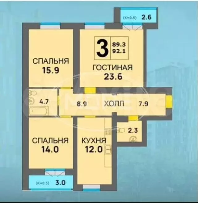 3-к. квартира, 89,1 м, 6/14 эт. - Фото 0