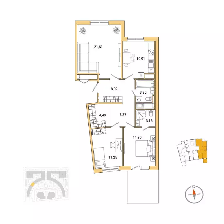 3-комнатная квартира: Санкт-Петербург, набережная реки Каменки, 11к1 ... - Фото 1