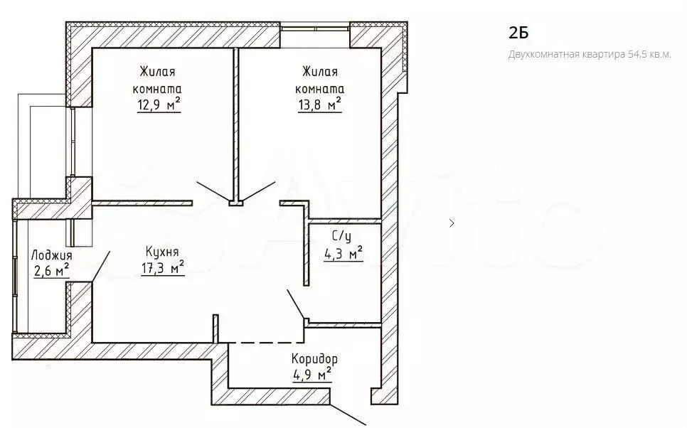 2-к. квартира, 54,5м, 6/9эт. - Фото 1