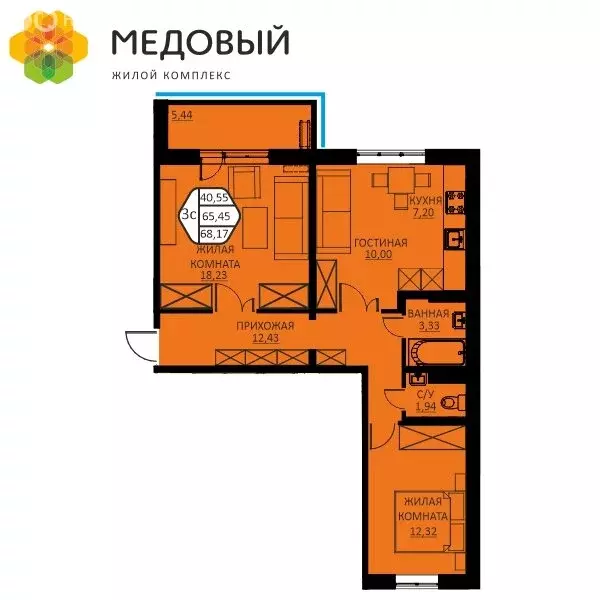 3-комнатная квартира: деревня Кондратово, улица Н.М. Яблокова, 6 (64.7 ... - Фото 1