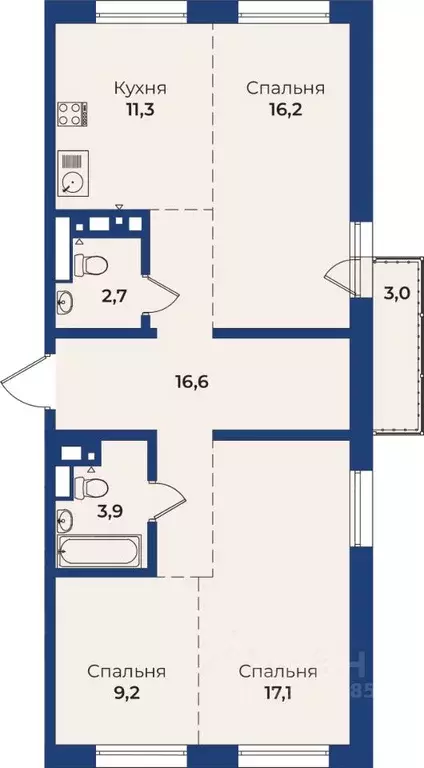 3-к кв. Бурятия, Улан-Удэ Ключевская ул., 90Д (77.9 м) - Фото 1