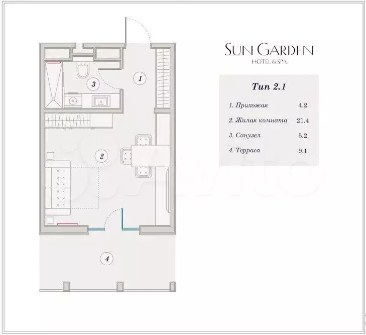 Апартаменты-студия, 39,8 м, 2/5 эт. - Фото 1