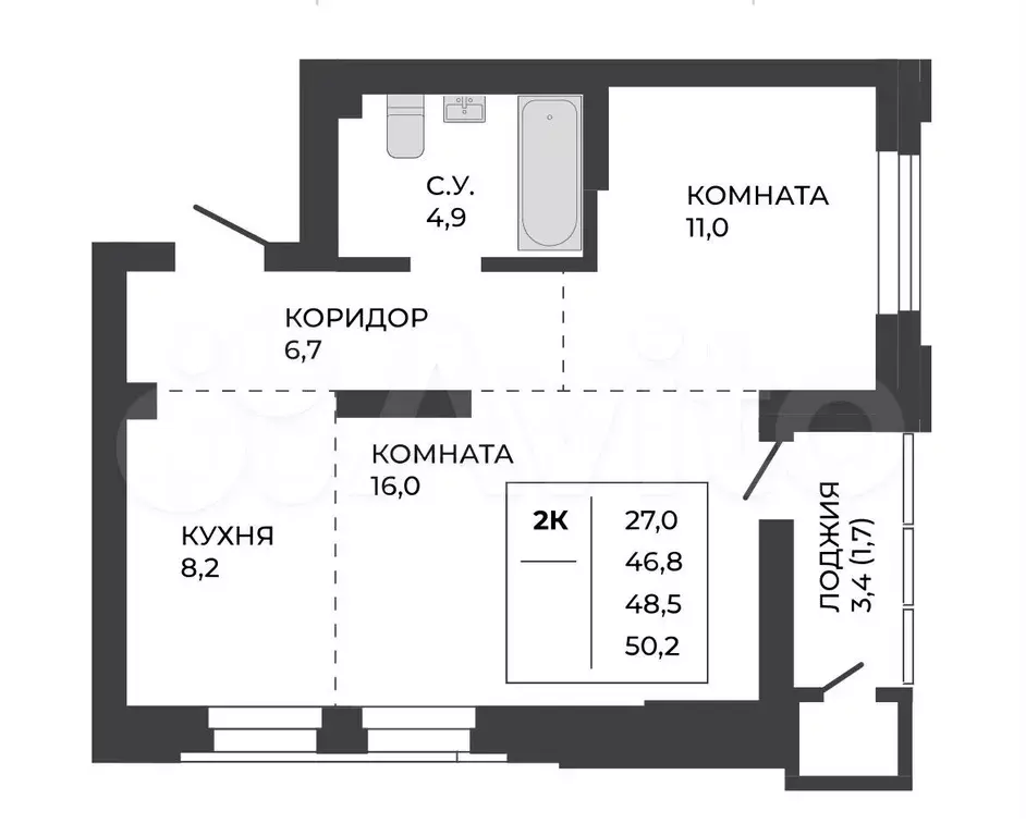 2-к. квартира, 48,5 м, 1/21 эт. - Фото 1