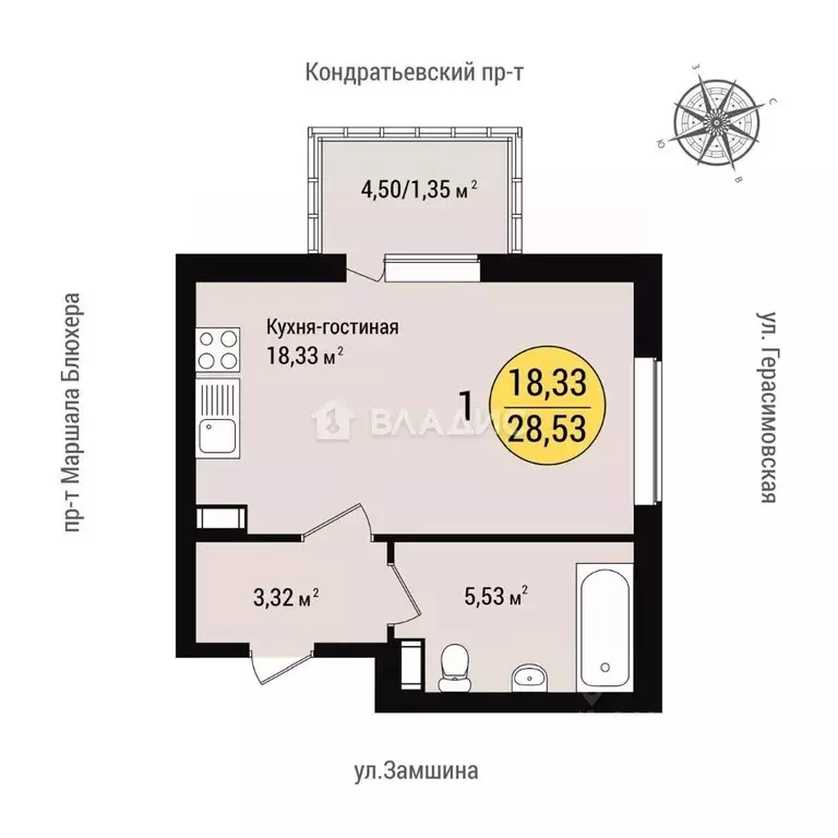Студия Санкт-Петербург Герасимовская ул., 5 (29.0 м) - Фото 1