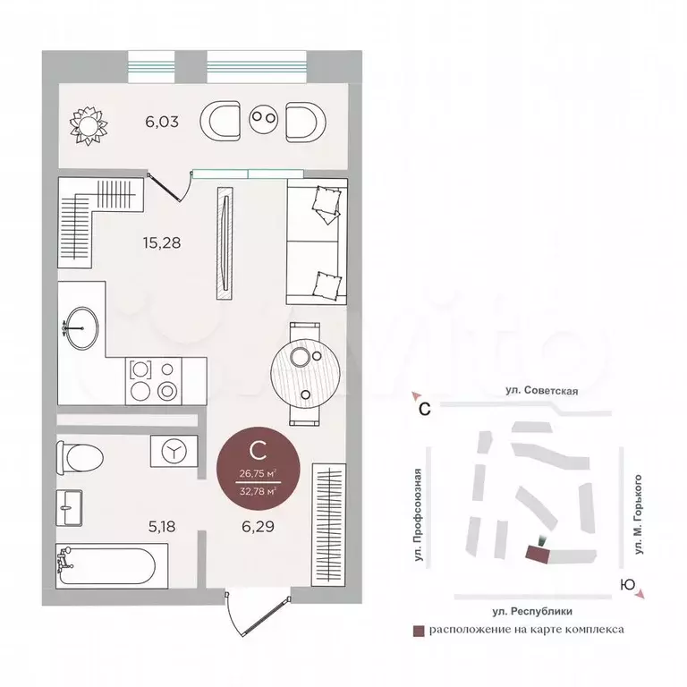 Квартира-студия, 26,8 м, 4/13 эт. - Фото 0
