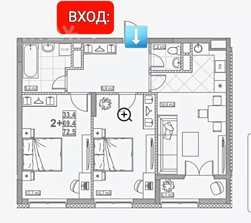 2-к кв. Нижегородская область, Нижний Новгород ул. Бетанкура, 7 (72.5 ... - Фото 2