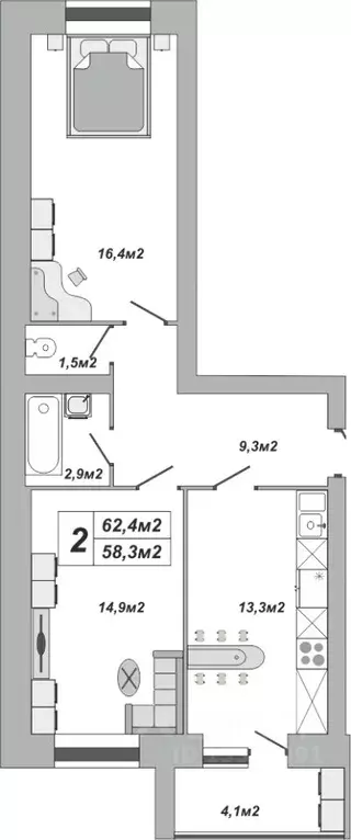 2-к кв. Тамбовская область, Тамбов ул. Чичерина, 7/3 (62.4 м) - Фото 0