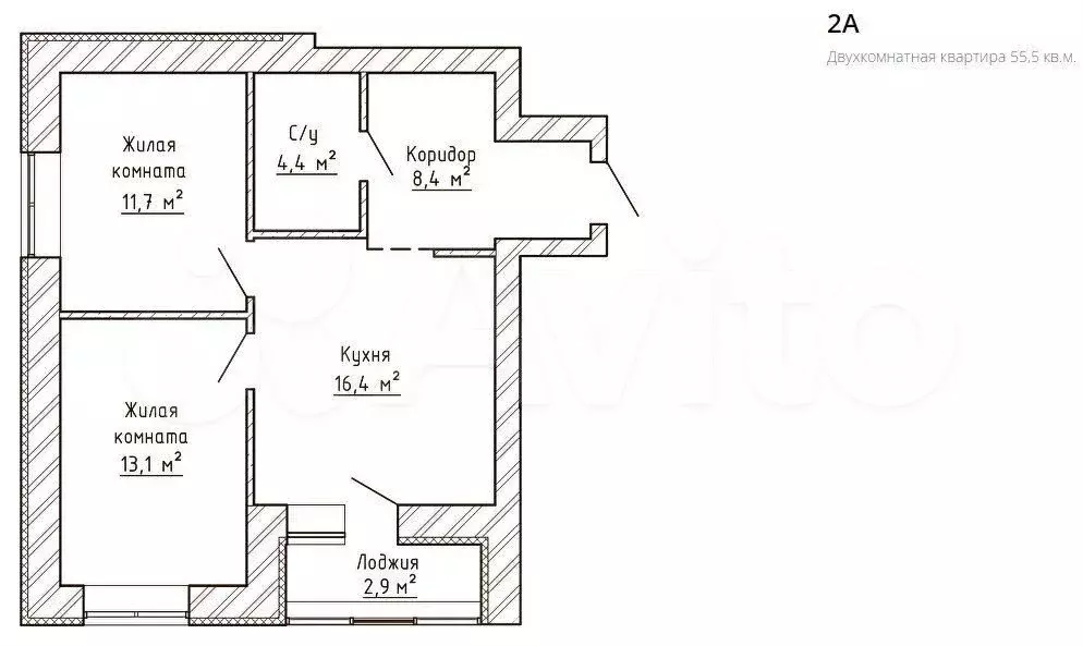 2-к. квартира, 55,5 м, 7/9 эт. - Фото 1