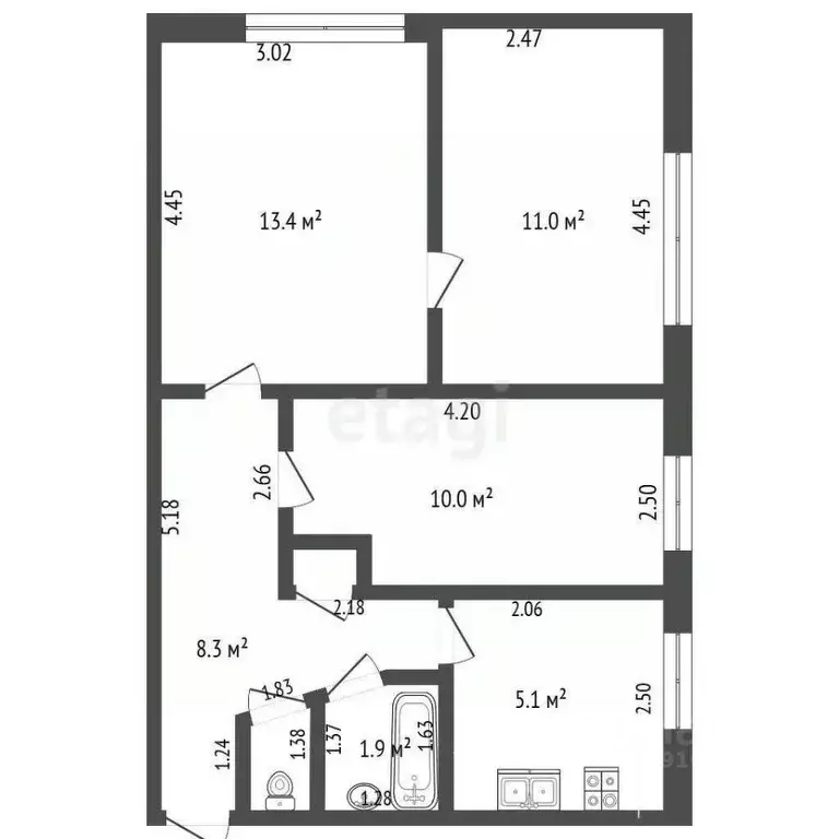 3-к кв. Калининградская область, Калининград Нарвская ул., 16 (51.0 м) - Фото 2