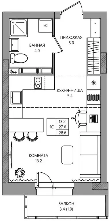 Квартира-студия: Пермь, улица Капитана Гастелло, 15 (28.6 м) - Фото 1