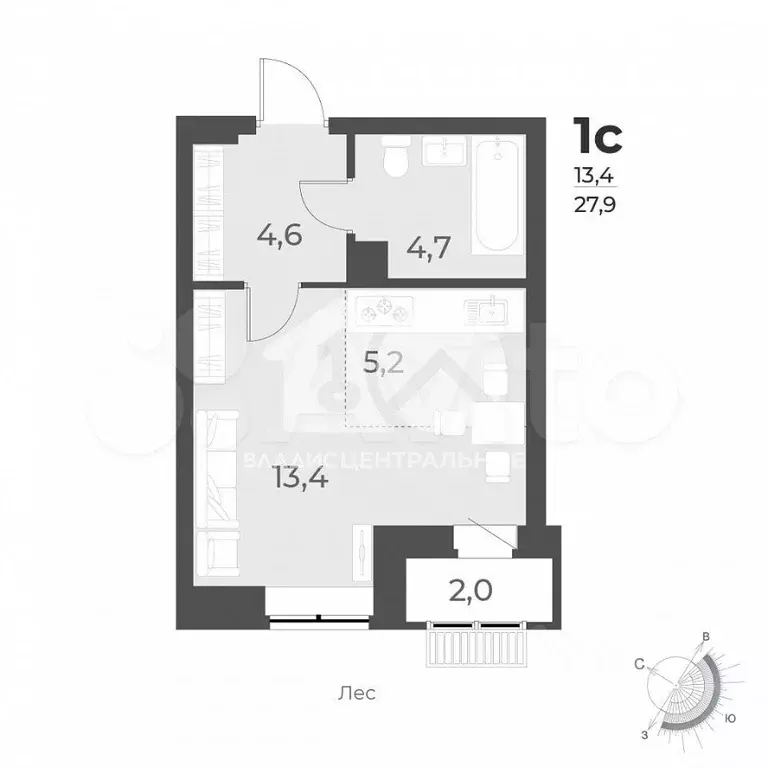 Квартира-студия, 28,7 м, 2/14 эт. - Фото 0