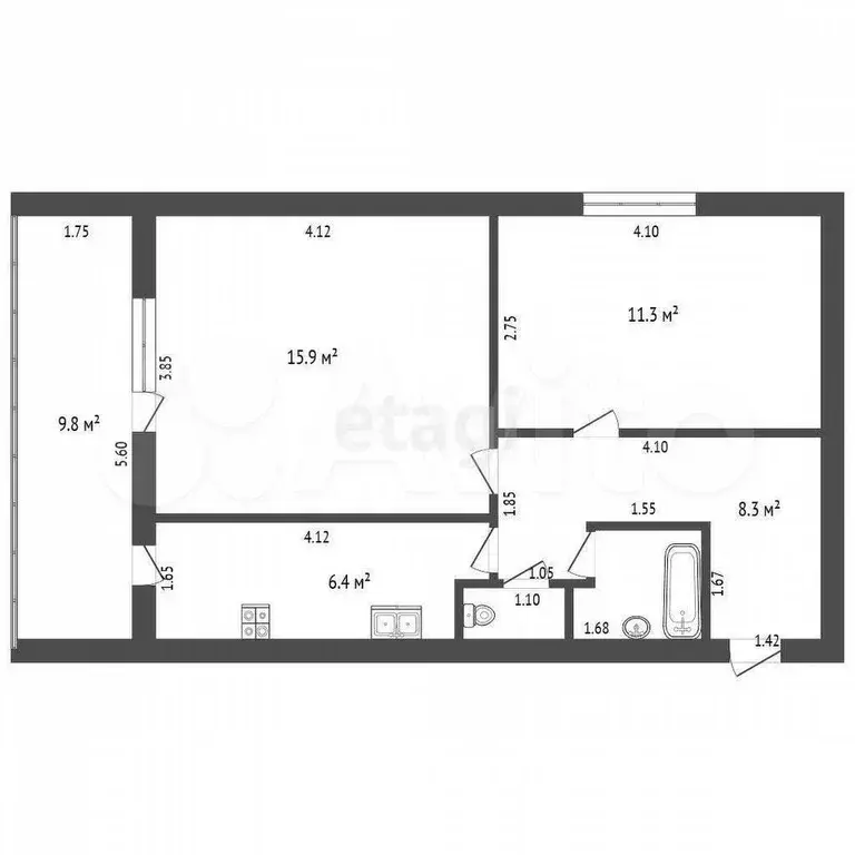 2-к. квартира, 44,1 м, 1/2 эт. - Фото 1
